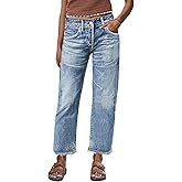 Flamingals Straight Leg Crop Jeans for Women Wash Raw Hem Mid Waist Jeans
