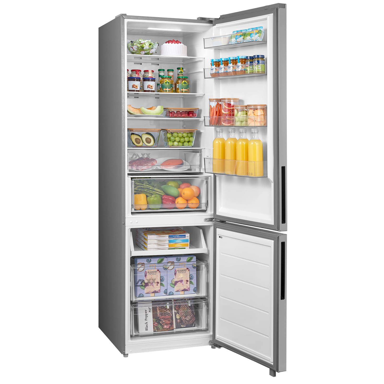 Midea 443L Kühl-Gefrierkombination SPACE MASTER, 201 cm, NoFrost, Multi-Airflow, -24° 4-Sterne-Gefrierfach, SuperKühlen & SuperGefrieren, LED, 35 dB, Maxx Fresh Zone, Edelstahl-Optik, MDRB600MME46