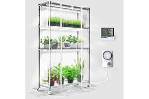 Barrina CX5Z Mini Greenhouse with LED Grow Light for Indoor Plant, 4-Tier Metal Plant Stand with Wheels, Plant Shelf with Tent, T8 3FT 30W Per Plant Light, Timer, Thermo-Hygrometer, 35.4x13.8x59IN