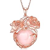 CVRAVO Rose Necklace 925 Sterling Sliver Rose Quartz Heart Pendent Necklace Rose Flower Jewelry Gifts for Women Valentine Mothers Day