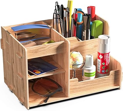 Lesfit Organiseur De Bureau En Bois Pour Stylos Crayons Telephone Portable Marron Amazon Fr Fournitures De Bureau