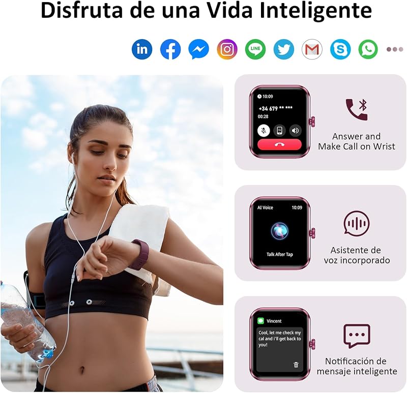 Relógio inteligente feminino (Fazer/Receber Chamadas), Relógio Inteligente Feminino de 1,85" - Monitor de Frequência Cardíaca/Oxímetro/Sono, Mensagens do Whatsapp, Pulseira de Atividade - 100+ Modos Desportivos, Pedómetro, Android iOS — foto 2 de 7