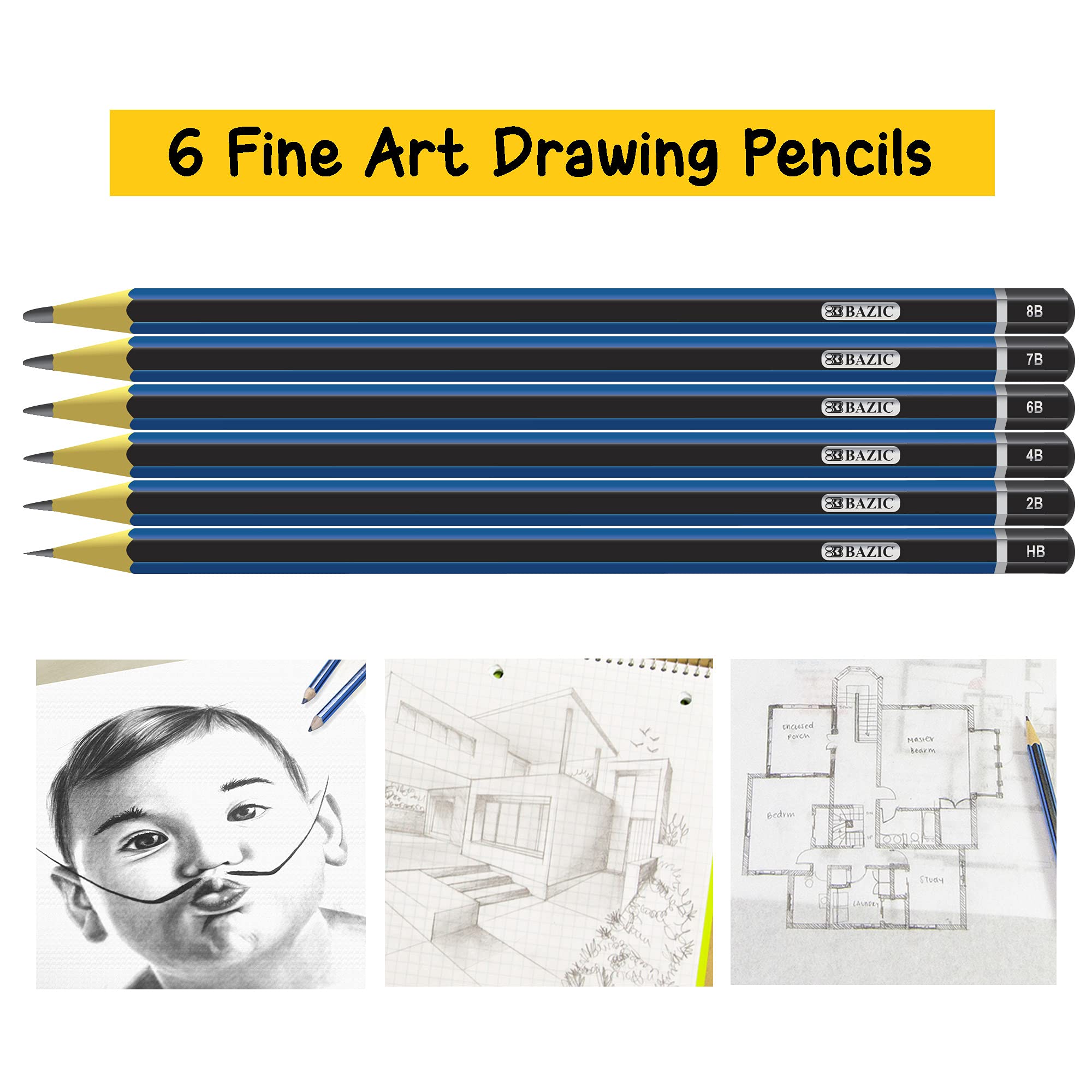 BAZIC Drawing Sketching Pencil Set, HB 2B 4B 6B 7B 8B, Professional Graphite Sketch Kit Pencils, for Artists Adults Beginners (6/Pack), 1-Pack
