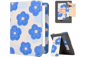 KEROM Case for 6" Kindle Paperwhite (10th/7th/6th/5th Generation, 2012-2018 Release), Premium PU Leather Cute Cover Case with Foldable Stand, Hand Strap, Card Slot, Auto Sleep/Wake - Blue Flowers