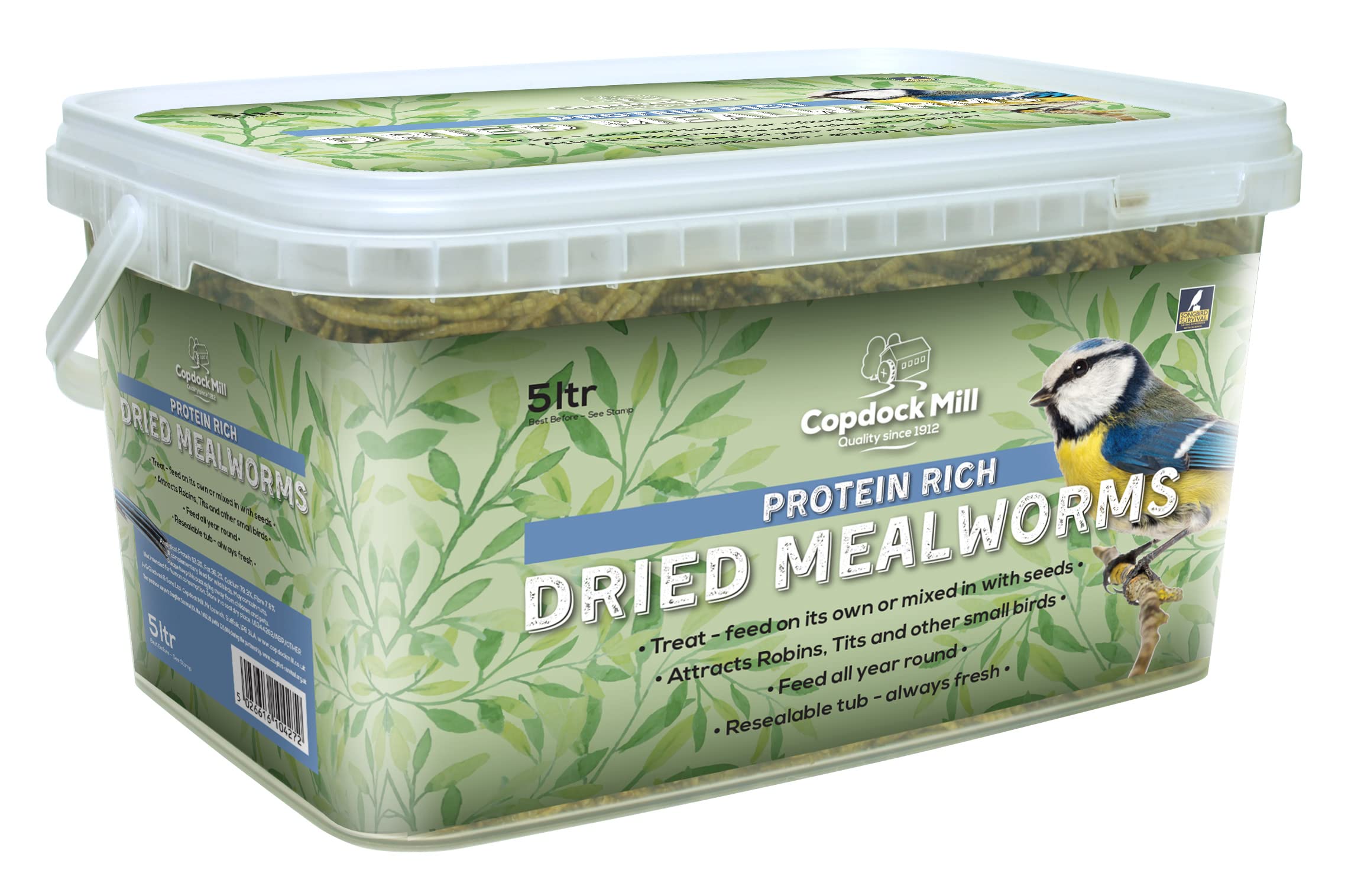 Copdock Mill Premium Dried Mealworms for Birds 1kg/5 Litres - Mealworms for Wild Birds to Attract Woodpeckers and Chickadees - Wild Bird Food to Mimic Natural Feeding Diets