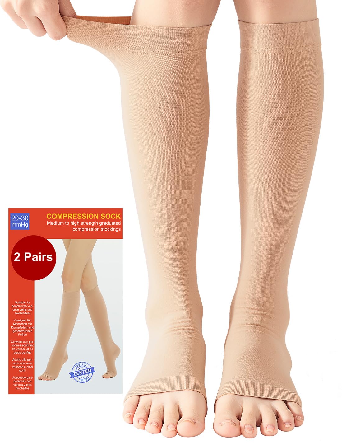 2 Pairs Medical Compression Socks for Women & Men 20-30 mmHg, class 2, Open Toe Best Graduated Support Fit for Travel Flight Running Varicose Veins Pregnancy Nurses (2x Beige, XXL)