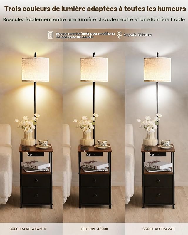 Lampadaire avec Table et 2 tiroirs, Lampe de Chevet avec Station de Charge USB et Type C, lampadaire à 3 températures de Couleur avec Abat-Jour réglable, Lampe LED pour Salon et Chambre