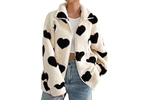 2025 Winter Full Zip Sherpa Fuzzy Fleece Cardigan Jackets for Women Heart Pattern Warm Coat Outerwear with Pockets