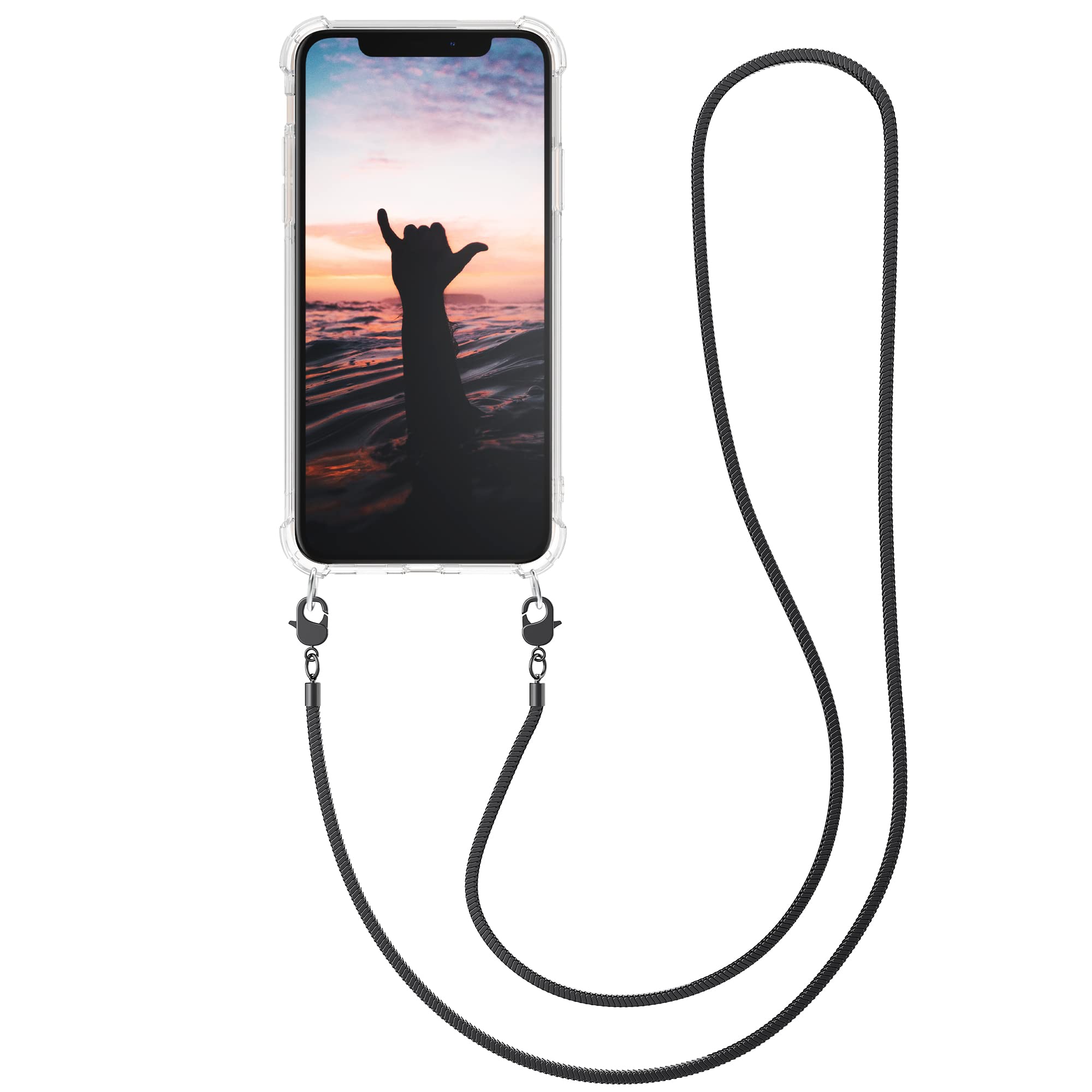 kwmobile Case Compatible with Apple iPhone 11 Pro Max - Crossbody Case Clear Transparent TPU Phone Cover with Metal Chain Strap - Black