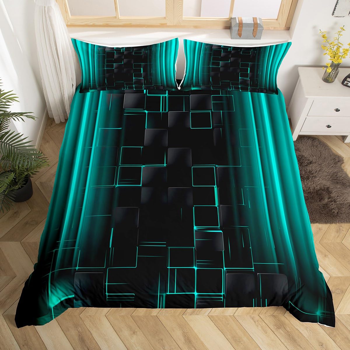 Manfei Teal and Black Duvet Cover Set Single Size, Abstract Ombre Comforter Cover, Geometric Striped Lattice Bedding Set for Kids Boys Girls Bedroom Decor, Lightweight Bedspread Cover, 1 Pillowcase