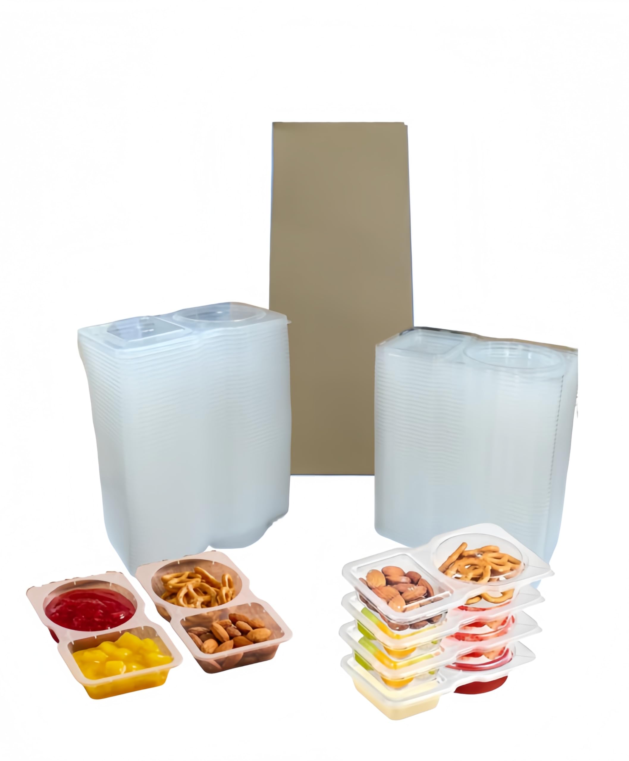 50-Pack Snack Containers with Lids, Disposable Double Compartment Sauce Cups, Portable Plastic Boxes for Snacks, Dips, Meal Prep, Portion Control, School, Office, Camping & Travel