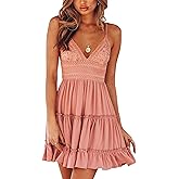 ECOWISH Summer Dresses for Women 2026 V-Neck Spaghetti Strap Bowknot Backless Sleeveless Lace Mini Swing Skater Dress