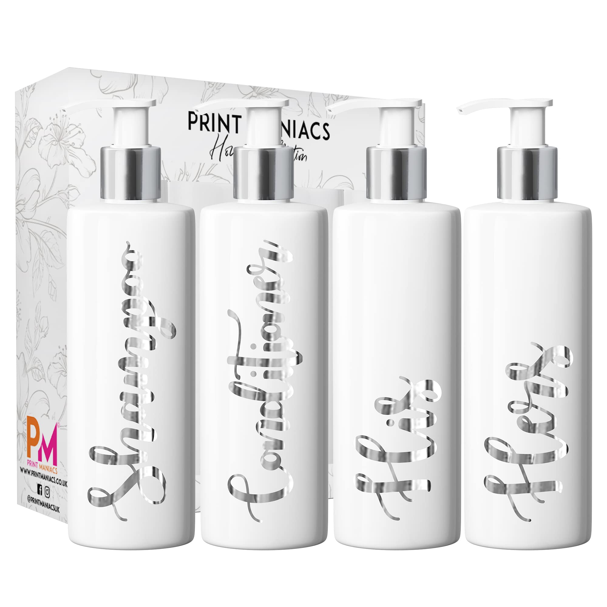 Print Maniacs White Mrs Hinch Inspired Personalised 500ml Pump Bottles Bathroom Lotion Kitchen Set Shampoo Conditioner (Set 4 His Her ) (Silver)
