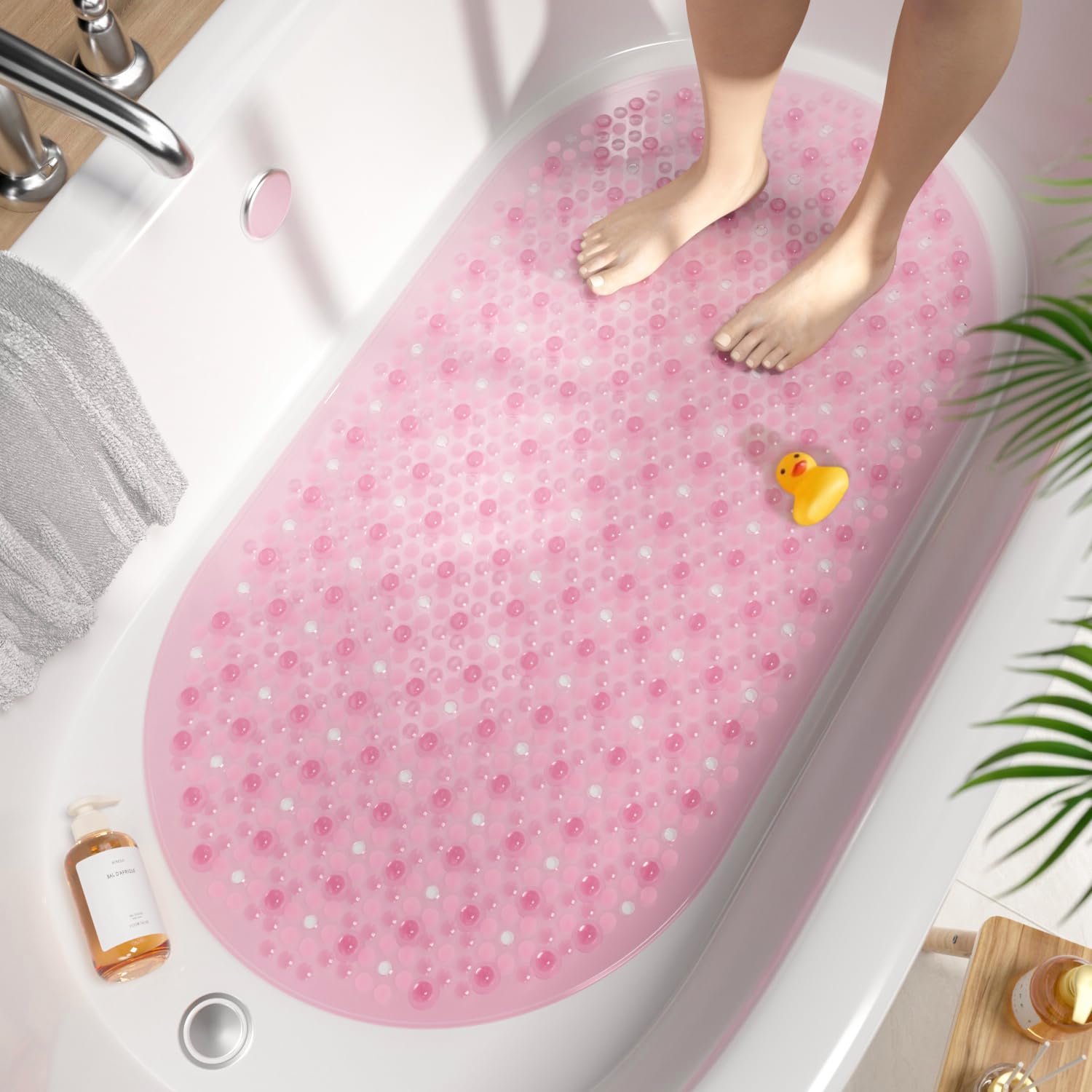 HITSLAM Oval Bath Mat Non Slip Anti Mould, 68 x 38 CM Anti Slip Shower Mat for Bathroom, Machine Washable Bubble Bathtub mat with Suction Cups and Drain Holes, Soft on Feet, Pink