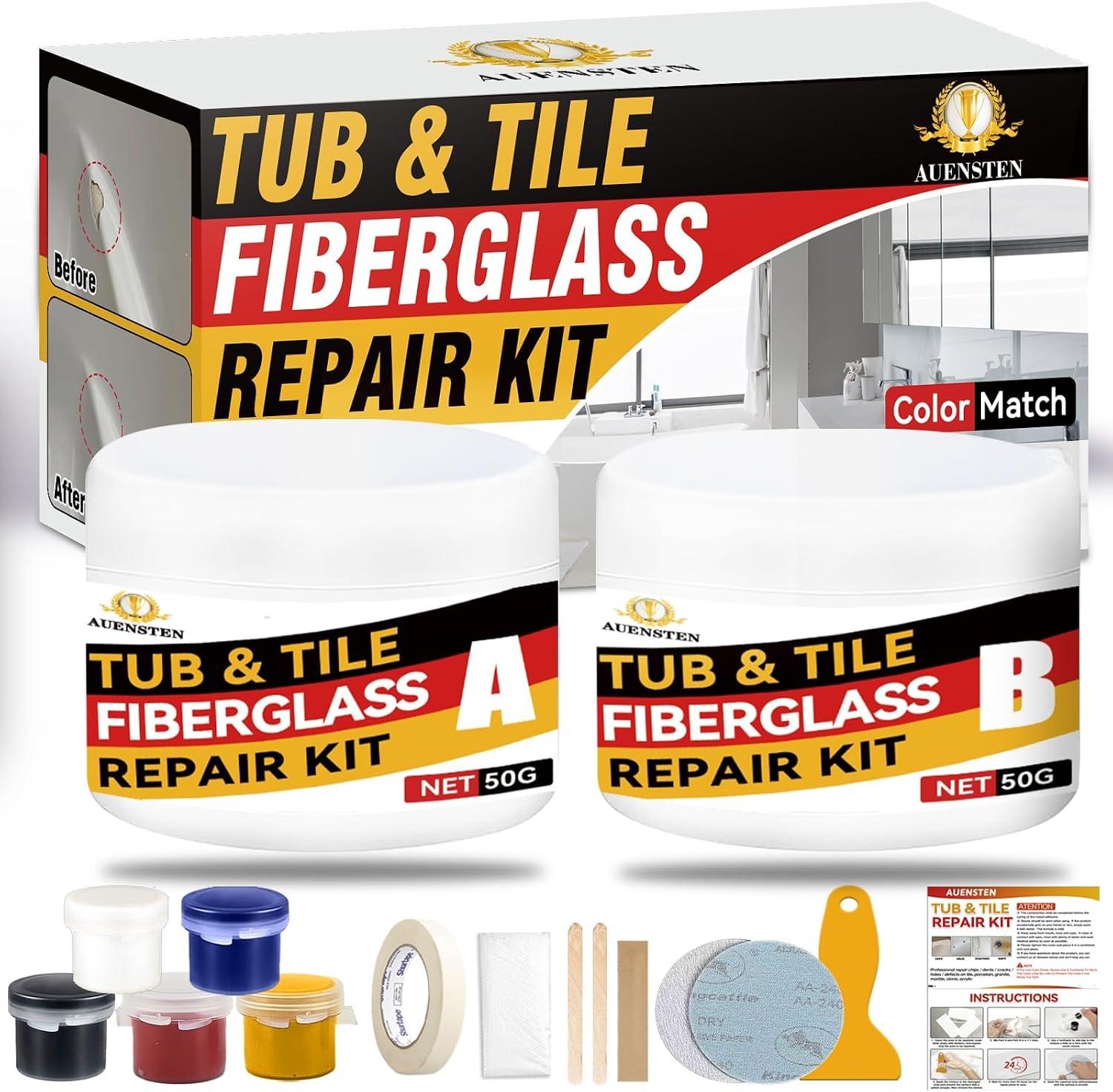 Bath Tub Repair Kit, Fiberglass Tile and Shower Repair Kit Porcelain Repair Kit, Bathtub Repair Kit Repair Chips Dents Cracks Scratches from Ceramic, Marble, Quartz, Resin, Acrylic