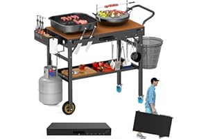 NAQIER Portable Outdoor Grill Table,Folding Grill Cart Solid and Sturdy,BBQ Prep Table With Wheels And Seasoning Tray,41" L x 17" W,Comes with storage racks for seasoning bottles, barbecue tools, etc.