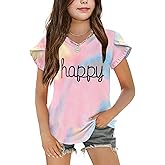 Arshiner Girls T Shirts Double Layer Ruffle Short Sleeve Casual V Neck Kids Summer Tops Blouse Tee