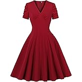 Wellwits Women's Ruched Puff Sleeves A Line Vintage Cocktail Work Dress
