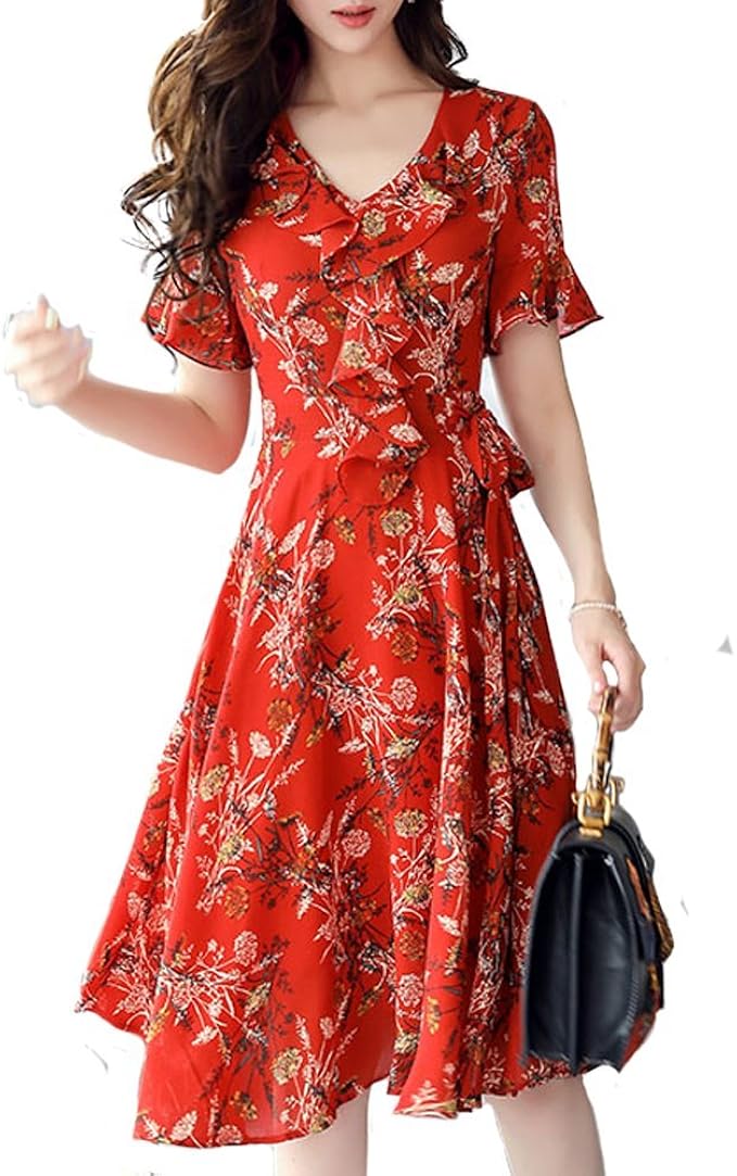 Amazon Co Jp ミルク Milk ワンピース エレガント 花柄 Aライン ミドル丈 スカート 夏 全5色 L レッド 服 ファッション小物