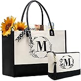 BeeGreen Christmas Birthday Gifts Personalized Women's Large White and Black Canvas Tote Bag, Embroidered Initials, Leather Handle, Zipper Closure