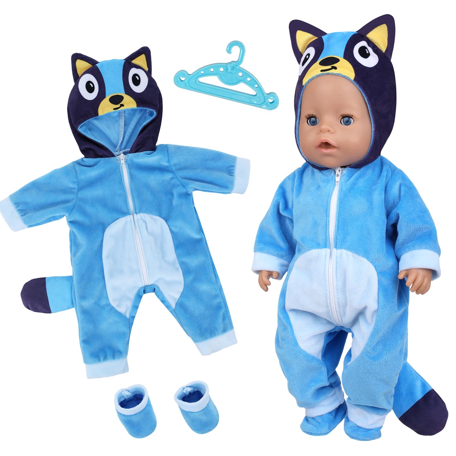 Doll Clothes Outfits Overalls for 14-17 Inch Baby Dolls, Doll Clothes with Hanger Socks, Blue Dog Clothes for 35-43cm Baby Dolls Birthday Gift for Girls Kids