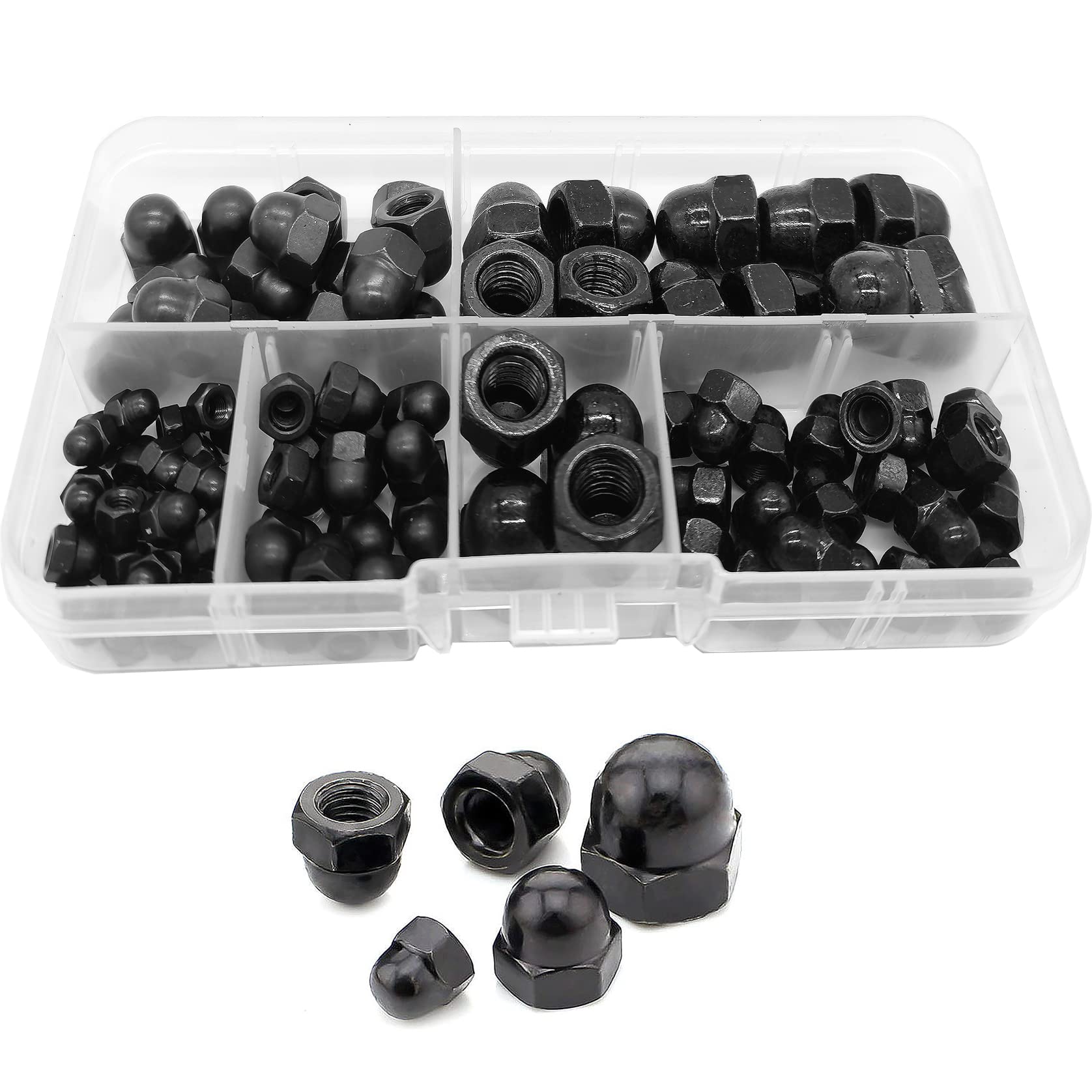 WeqeYent 100 Pcs Carbon Steel Acorn Dome Head Hex Nuts, M8/M6/M5/M4/M3 Dome Nut Assortment Kit, Thread Dia Protection Cover Acorn Cap Nut Decorative Hex Cap (Black)