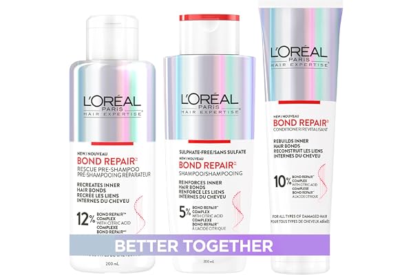 L'Oréal Paris Hair Expertise Bond Repair Shampoo and Conditioner Set with Hair Treatment, Citric Acid for Hair Breakage, 3x P