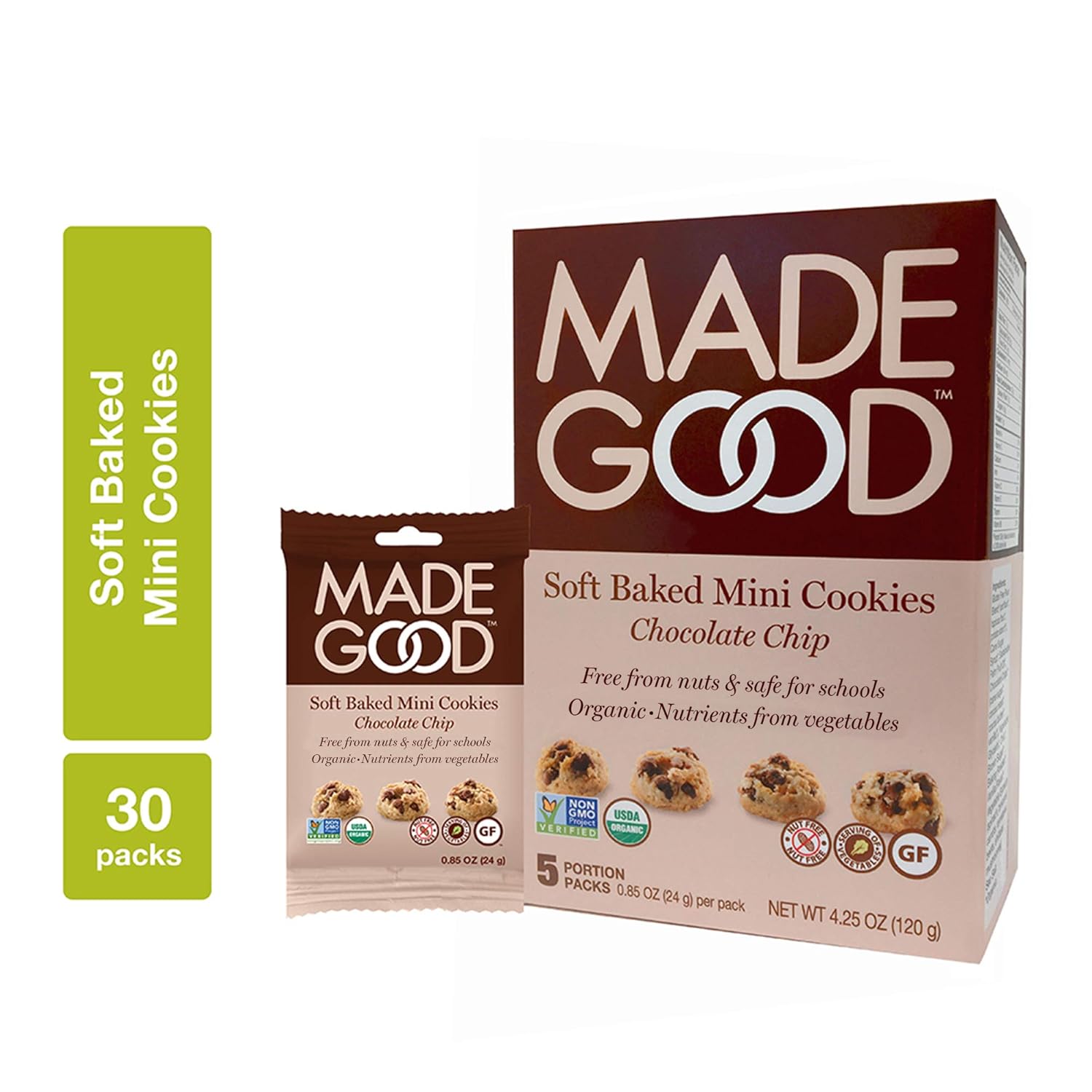 MadeGood Chocolate Chip Soft Baked Mini Cookies, 6 boxes (30 ct) [Nut-Free, Gluten Free, Allergy Friendly, USDA Certified Organic, Vegan, Non-GMO Ingredients; Nutrients of a Full Serving of Vegetables]