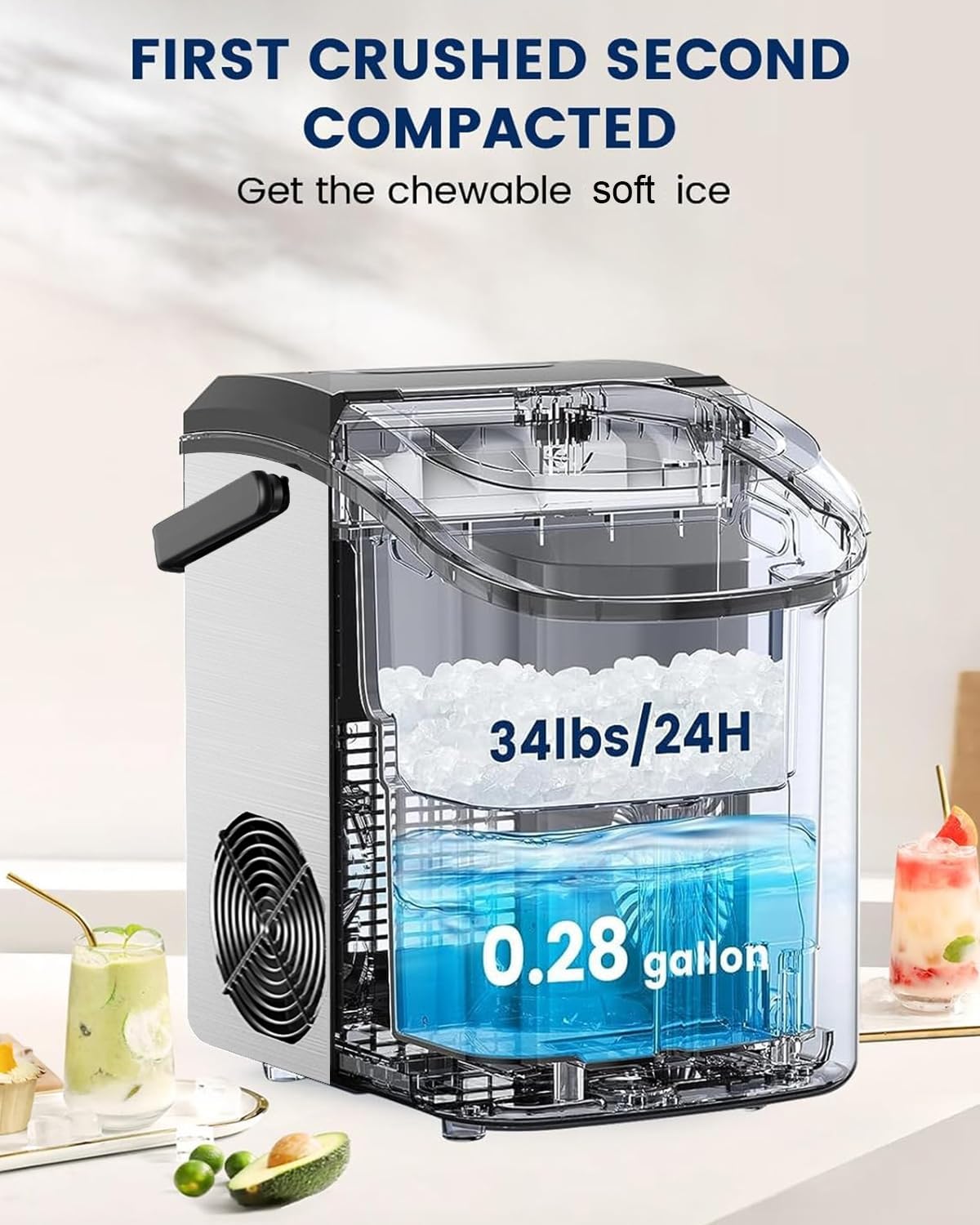 Kndko Nugget Ice Maker Countertop with Handle, Ready in 6 Mins, 35lbs Per Day, Pebble Ice Machine with Soft Chewable Ice, Self-Cleaning, One-Click Operation, for Home/Party/RV/Camping
