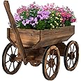 Watbick Wood Wagon Planter for Outdoor Balcony Decor - Garden Rustic Wooden Flower Cart with Wheels for Outside - Decorative Indoor - Wheelbarrow Planter for Patio -Reinforced Wheel