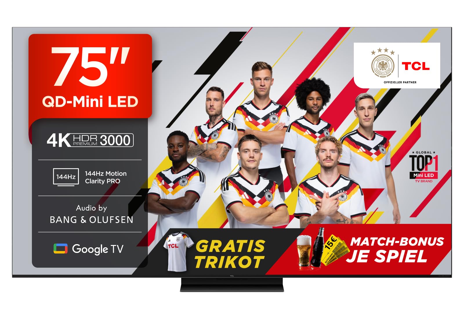 TCL 75Q7C 75 Zoll QD-Mini LED Fernseher, 4K HDR Premium 3000, Smart TV unterstützt durch Google TV (Dolby Vision IQ & Atmos, CrystGlow HVA Panel, Audio von Bang & Olufsen, 144Hz Motion Clarity Pro)