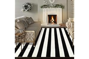 Black and White Rug 5' x 7', Collive Washable Patio Rug,Striped Indoor Outdoor Rug,Farmhouse Cotton Woven Layered Front Door Rug for Living Room/Porch/Bedroom