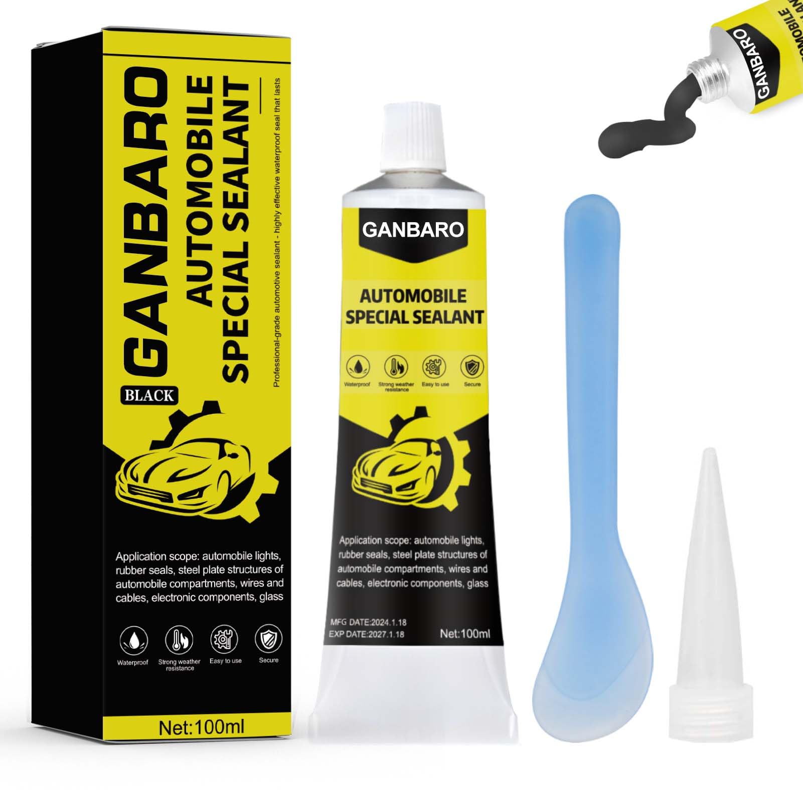 Ganbaro Black Silicone Sealant 100 ml, Waterproof, High Temperature, Multi-Purpose for Cars, Windows, Roofs