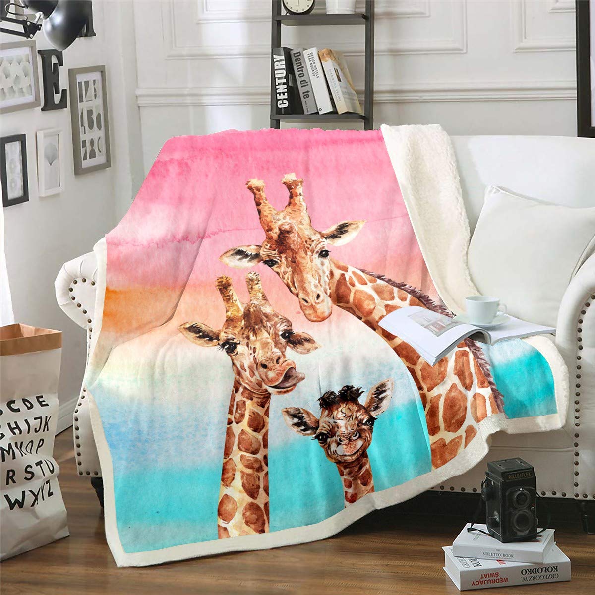 Loussiesd Giraffe Sherpa Blanket Safari Giraffe Family Fleece Throw Blanket for Kids Boys Adults Colorful Geometric Stripe Decor Plush Blanket Wild Animal Fuzzy Blanket for Sofa Bed,Single 50x60 Inch