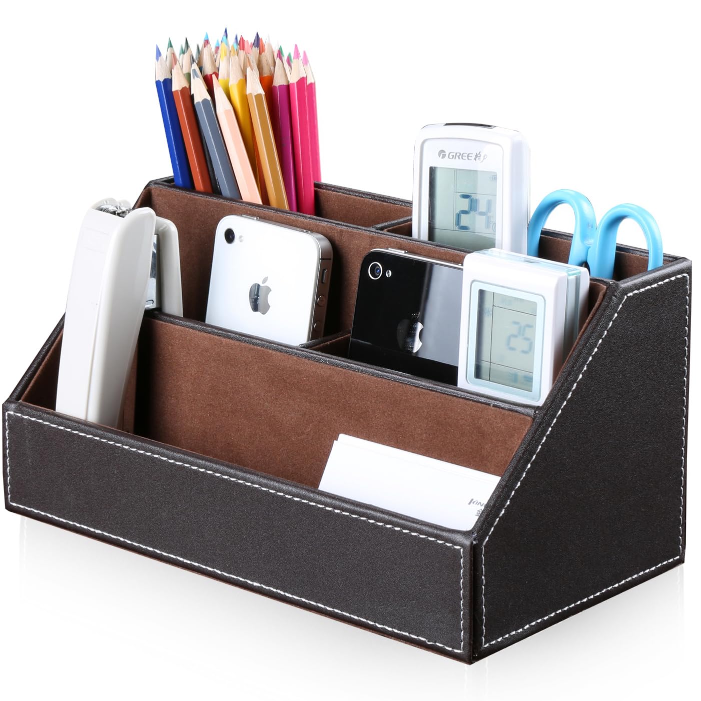 KINGFOM Office Desk Organiser Tidy Stationery Organizer Storage Box, Pen/Pencil ,Cell phone, Business Name Cards, Note Paper, Remote Control Holder Organizer (Brown)