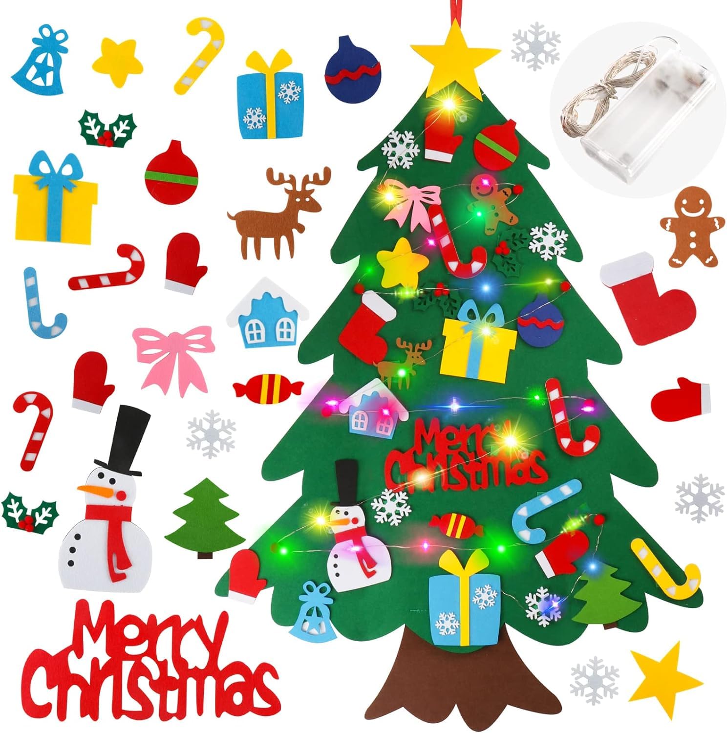3.2FT Felt Christmas Tree Set for Toddlers Kids with Led String Light,Wall Hanging DIY Christmas Tree with Detachable Ornaments for Xmas Gifts Home Decoration