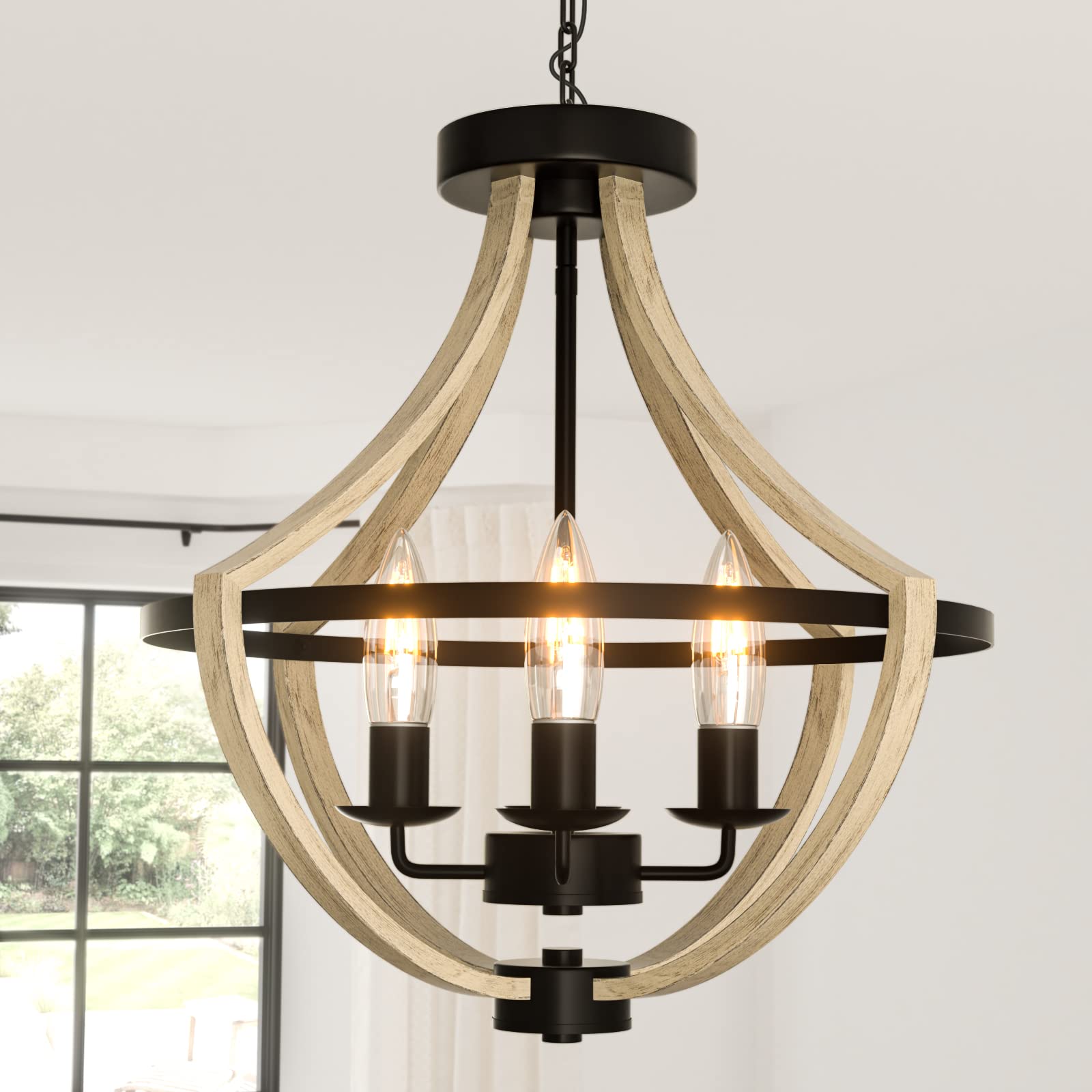 Photo 1 of Farmhouse Light Fixtures Chandelier, 4-Light Rustic Flush Mount Ceiling Light, Beige Wood Light Fixture for Dining Room Kitchen Foyer Hallway Entryway Bedroom Closet