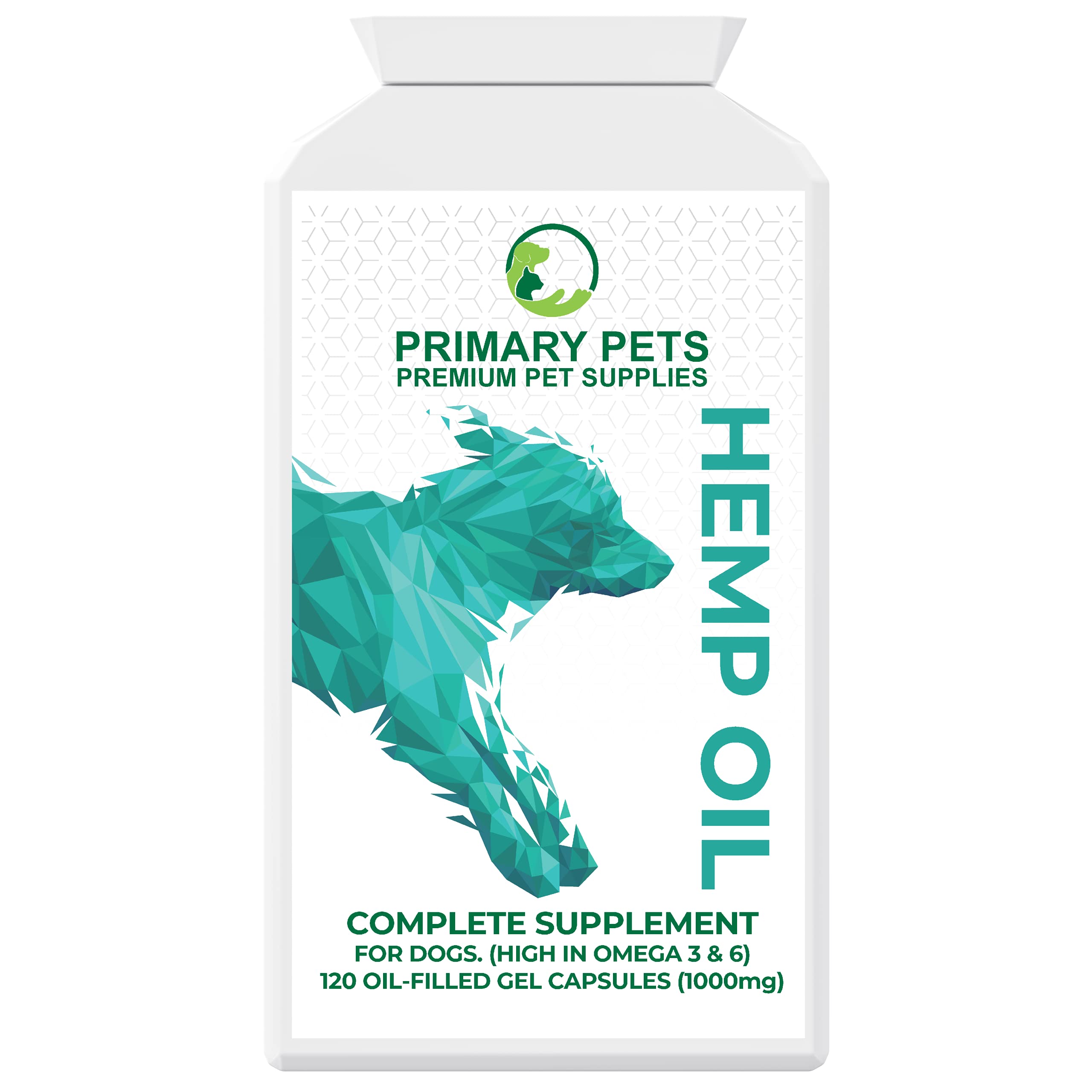 Primary Pets Premium Pet Supplies Hemp Oil for Dogs, 100% Natural Hemp Seed Oil, Calming 120 x 1000mg Soft Gel Capsules, Rich in Omega 3 & 6 Fatty Acids, Hip & Joint Support