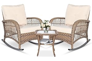 MEETWARM 3 Pieces Outdoor Wicker Rocking Chair Set, Rattan Patio Rocker Chairs Set with Cushions and Glass-Top Coffee Table, Conversation Bistro Set for Porch & Backyard - Beige