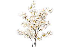 Uieke Silk Cherry Blossom Branches, 39.3in Artificial Cherry Blossom Tree Stems, Fake Plum Blossom Flowers Arrangement for Wedding Home Japanese Decor, Set of 3, White