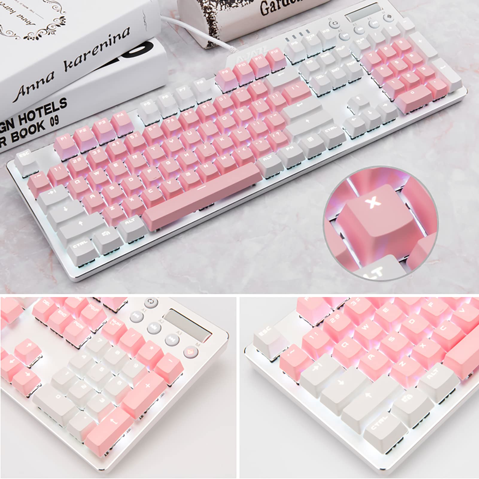 Lomiluskr Wired Mechanical Gaming Keyboard, 104 Keys and 6 Media Keys Anti-Ghosting, 2 Colors PBT Keycap, Hot-swappable Switch, Elegant White Backlight, Aluminum Panel (Pink&White, Blue Switch)