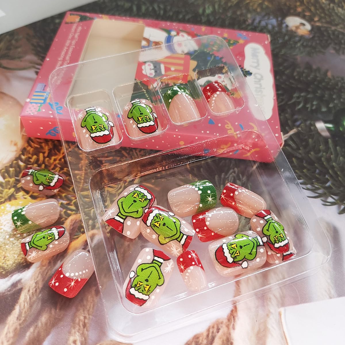 Christmas Press on Nails French Tip Fake Nails Cute Cartoon Nail Tips False Nails with Design Holiday Full Cover Glossy Stick on Nails Winter Acrylic Artificial on Nails Xmas Nail Decoration for Women - Image 4