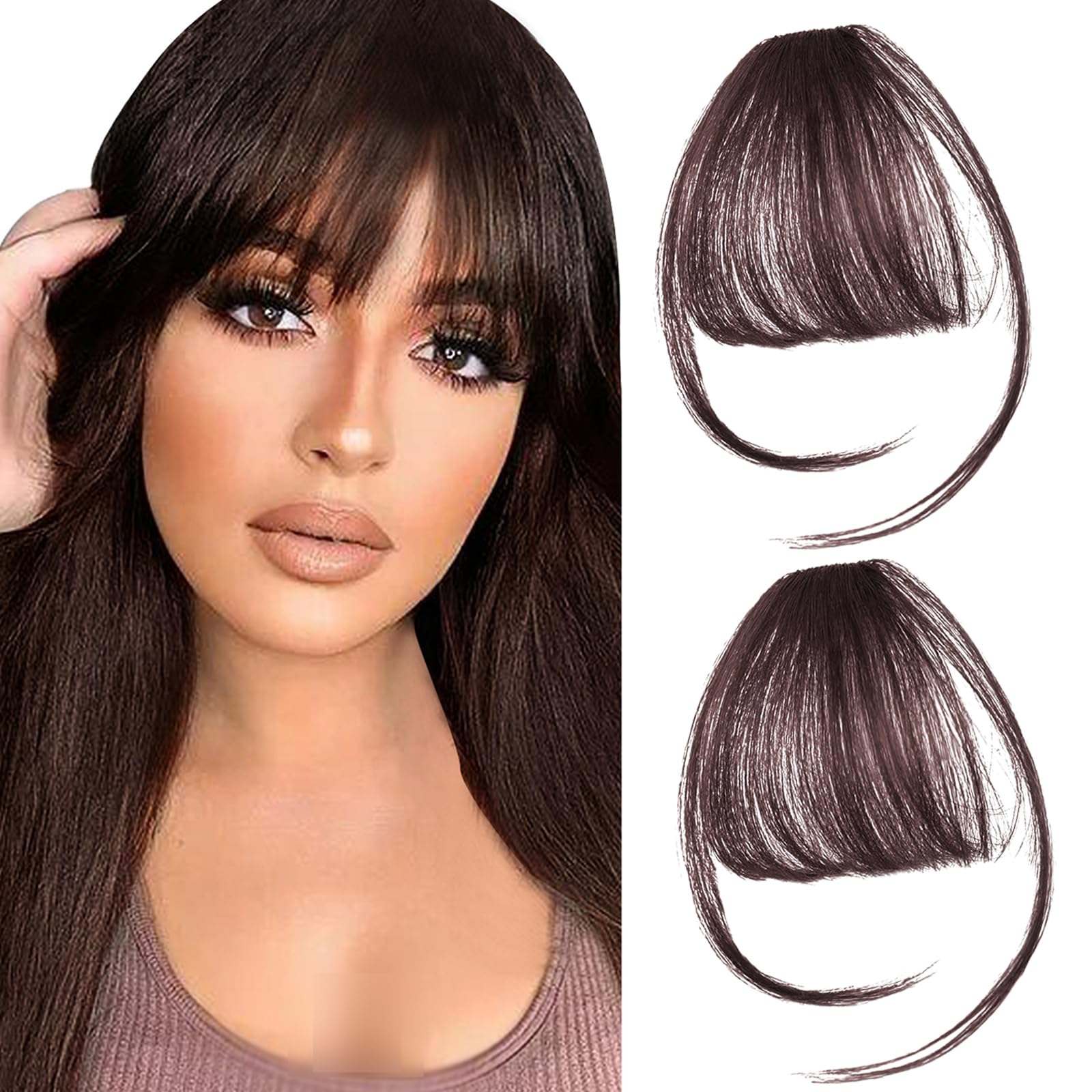 Photo 1 of 2PCS Clip in Bangs Real Human Hair,Fake Bangs Hair Clip on Bangs for Women,Curved Wispy Bangs with Temples Hairpieces,Bangs Clip in Hair Extensions Air Fringe for Girls Daily Wear - Dark Brown