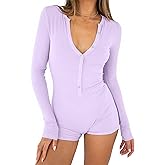 INFITTY Women Long Sleeve V Neck Rompers Ribbed Button Down Yoga Rompers Sexy Pajama Unitard Outfit