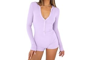 REVETRO Women's 2024 Spring Sexy V Neck Long Sleeve Shorts Romper Y2k One Piece Jumpsuit Bodycon Pajama Set Gym Bodysuit