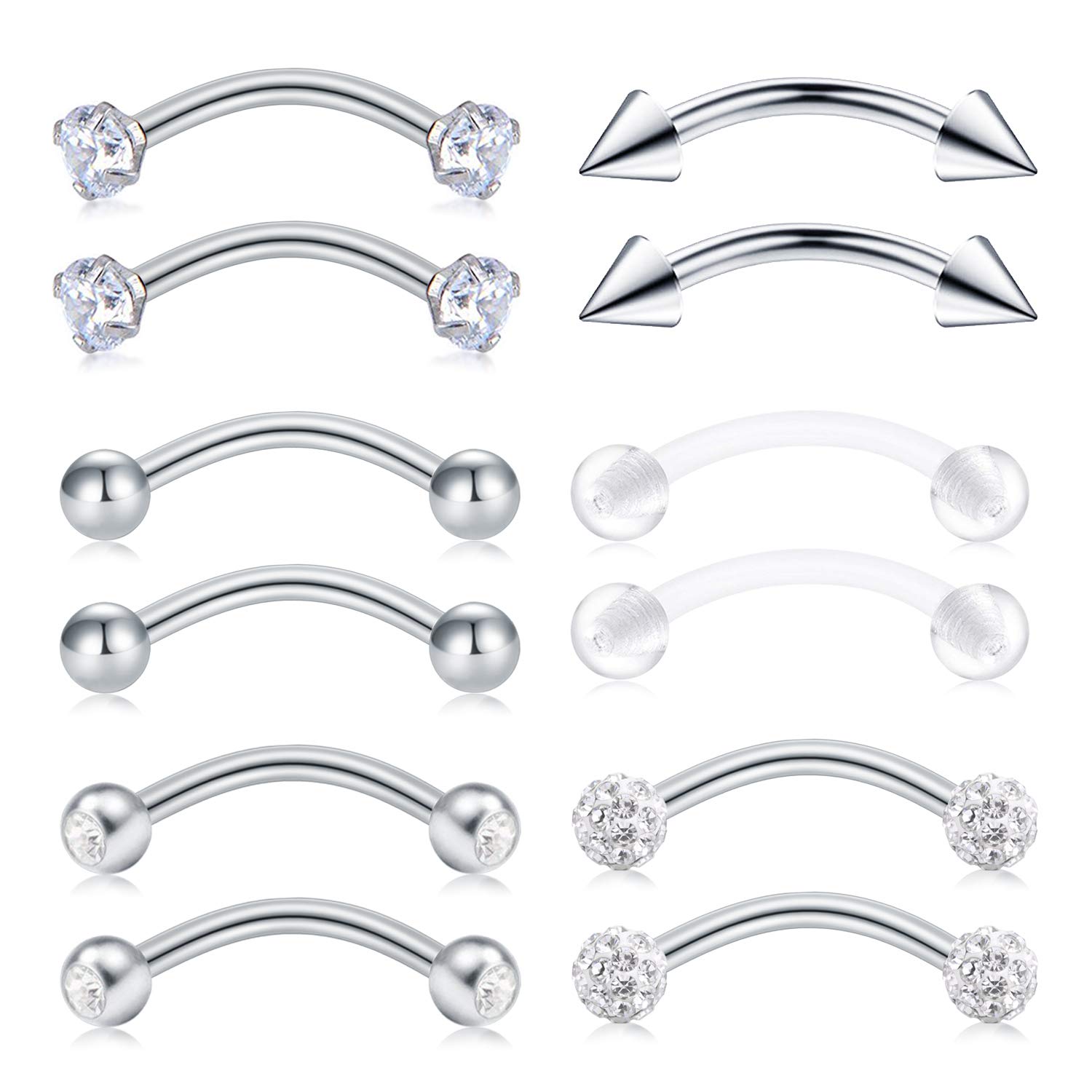 AceFun Curved Barbell 16 Gauge Clear Acrylic Bioflex Steel Tragus Eyebrow Belly Ring with Crystal Top Piercing Jewelry Retainers 8mm 12 Pieces