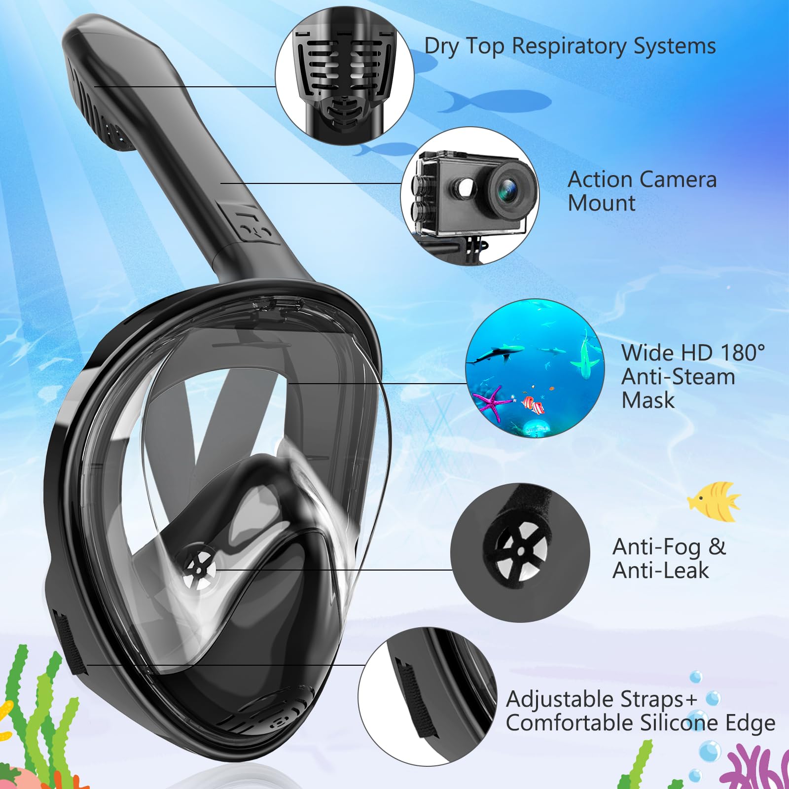 Condition photo showing New/Like New for kids snorkel mask full face, snorkeling gear for kids with camera mount, 180 degree panoramic view snorkeling set anti-fog anti-leak blue