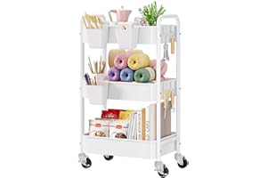 AOFURE 3 Tier Rolling Cart Metal with Wheels, White Three Tiered Craft Cart Organizer on Wheels, Storage Utility Carts for Art, Baby Nursery,Diaper Caddy, Cleaning Supplies, Nail,Lash,Snack,Book,Roller Shelf
