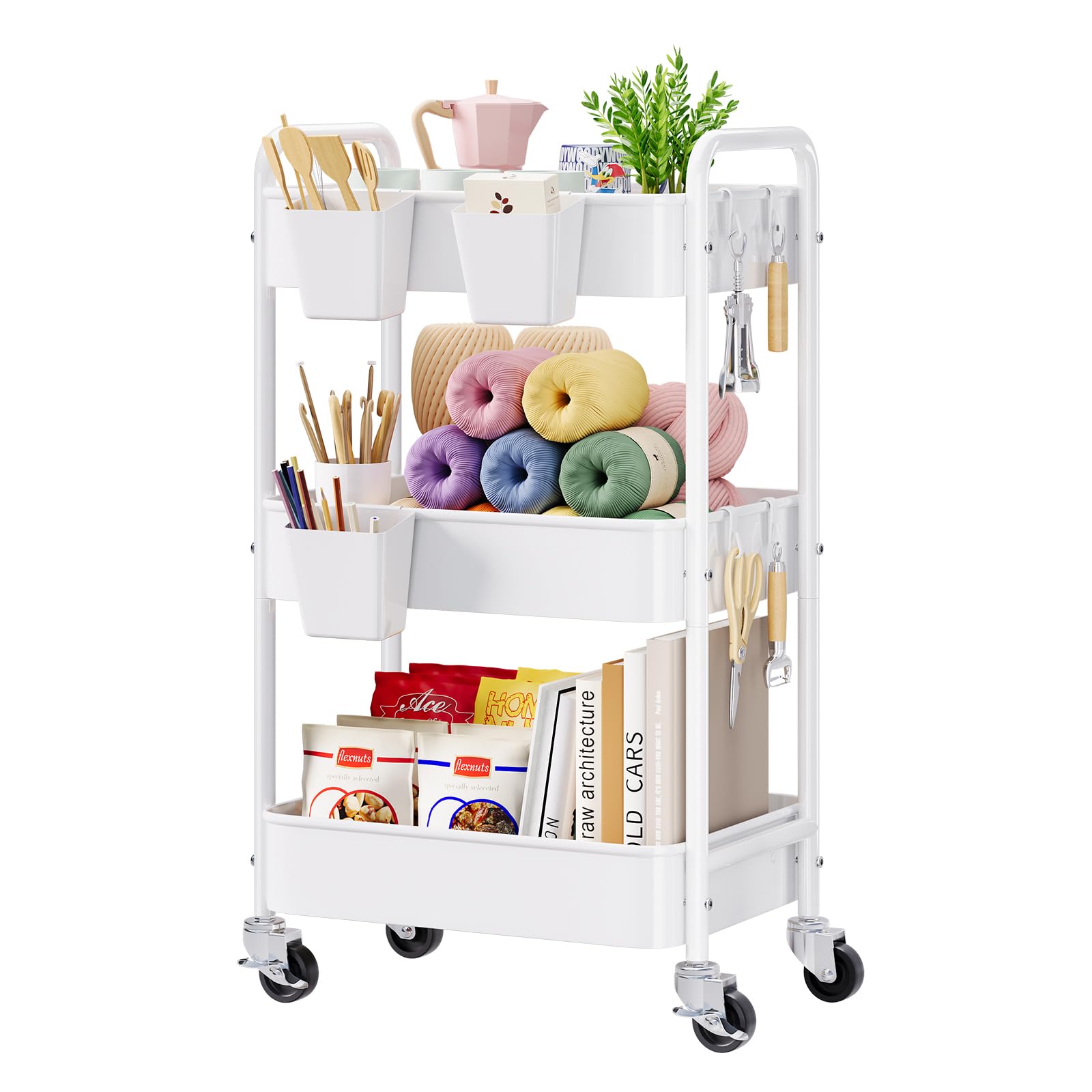 Photo 1 of 3 Tier Rolling Cart Metal with Wheels, White Three Tiered Craft Cart Organizer on Wheels, Storage Utility Carts for Art, Baby Nursery,Diaper Caddy, Cleaning Supplies, Nail,Lash,Snack,Book,Roller Shelf