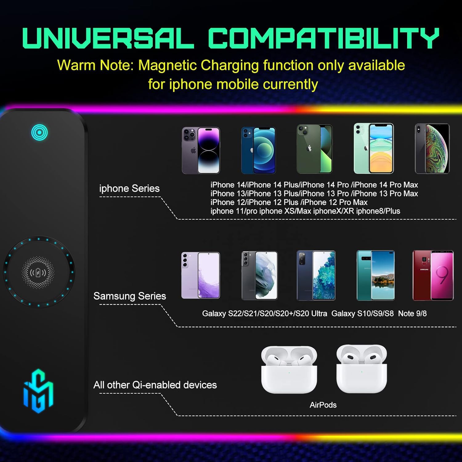 RGB Gaming Mauspad 15W Qi Mousepad LED, 10 Beleuchtungsmodi mit 15W Schnellladung Qi Kabelloses Laden für I-Phone Handy, Kopfhörer, Wasserdicht, rutschfest für Gaming, Schreibtische, PC und Büro 6